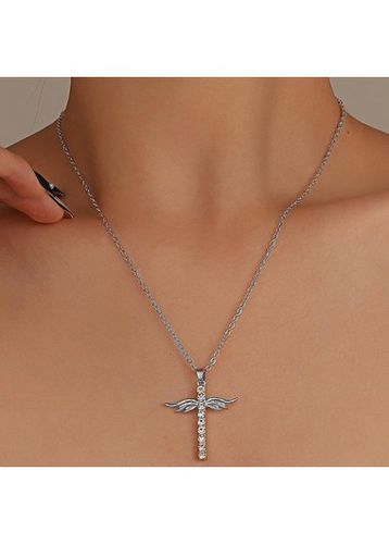 Silvery White Cross Rhinestone Alloy Necklace - unsigned - Modalova