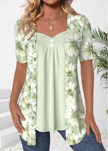 Light Green Fake 2in1 Floral Print T Shirt - unsigned - Modalova