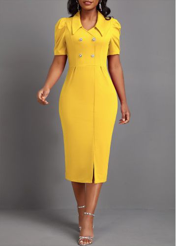 Yellow Button Short Sleeve Bodycon Dress - unsigned - Modalova