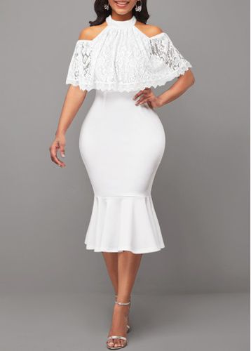 White Lace Half Sleeve Stand Collar Bodycon Dress - unsigned - Modalova