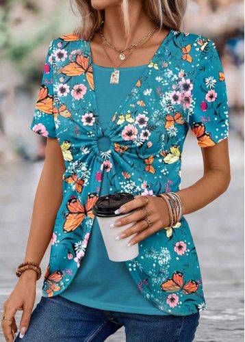Turquoise Fake 2in1 Floral Print Short Sleeve Blouse - unsigned - Modalova