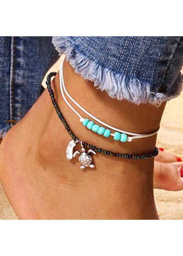 Beaded Mint Green Turtle Alloy Anklet Set - unsigned - Modalova