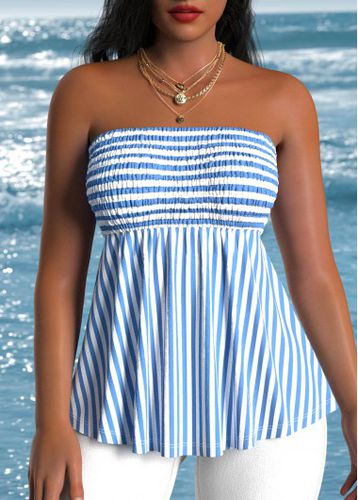 Blue Smocked Striped Sleeveless Bandeau Tank Top - unsigned - Modalova