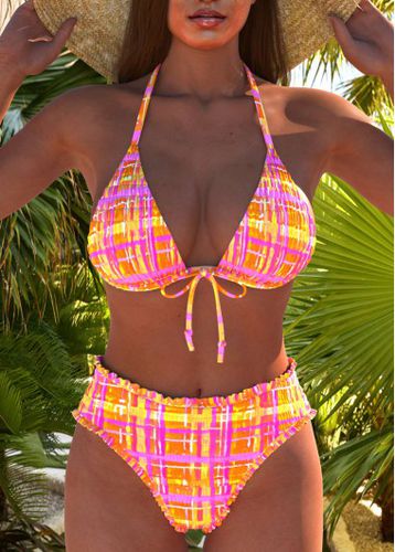 Smocked Plaid Tie Orange Bikini Set - unsigned - Modalova