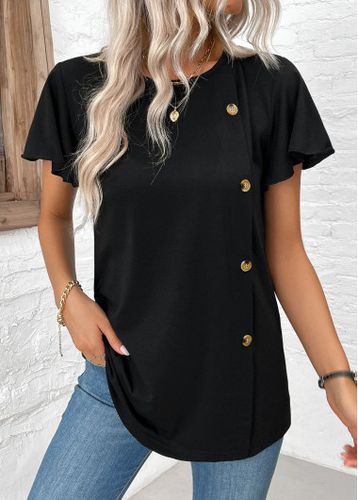 Black Button Short Sleeve Round Neck T Shirt - unsigned - Modalova