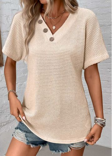 Beige Button Short Sleeve V Neck T Shirt - unsigned - Modalova