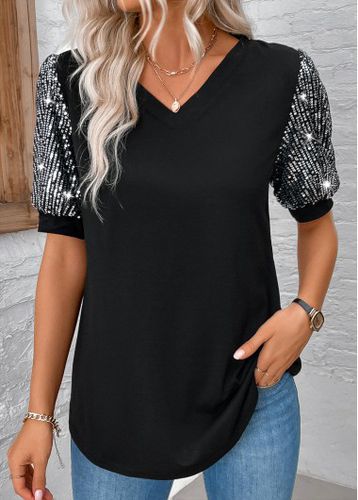 Black Sequin Short Sleeve V Neck T Shirt - unsigned - Modalova