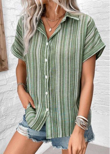 Sage Green Button Striped Short Sleeve Blouse - unsigned - Modalova