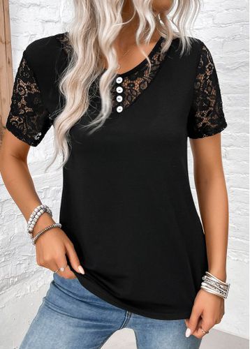 Black Lace Short Sleeve V Neck T Shirt - unsigned - Modalova