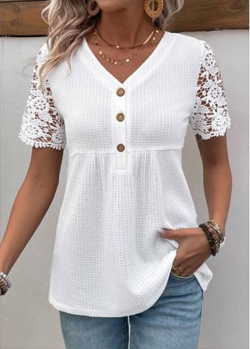 White Patchwork Short Sleeve V Neck Shirt - unsigned - Modalova