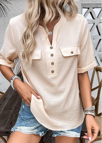 Light Camel Button Half Sleeve Split Neck Blouse - unsigned - Modalova