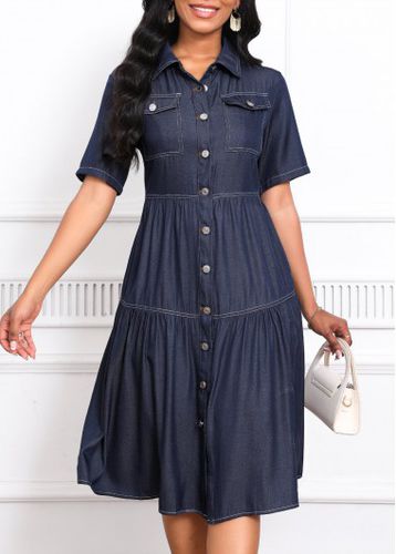 Denim Blue Pocket Short Sleeve Turn Down Collar Dress - unsigned - Modalova