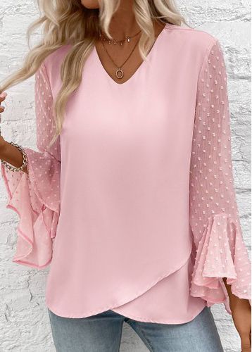 Light Pink Patchwork Long Sleeve V Neck Blouse - unsigned - Modalova