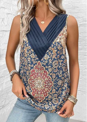 Blue Patchwork Tribal Print Sleeveless V Neck Tank Top - unsigned - Modalova