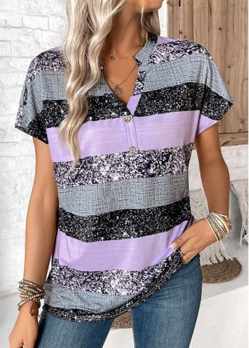 Light Purple Button Striped Short Sleeve Split Neck Blouse - unsigned - Modalova