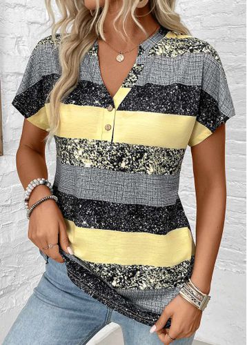 Light Yellow Button Striped Short Sleeve Split Neck Blouse - unsigned - Modalova