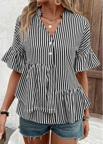 Black Button Striped Half Sleeve Split Neck Shirt - unsigned - Modalova