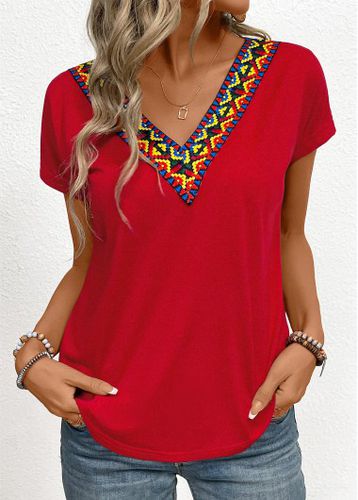 Red Patchwork Tribal Print Short Sleeve T Shirt - unsigned - Modalova