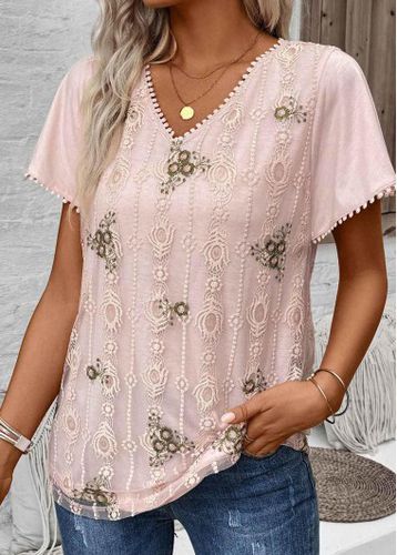 Light Pink Patchwork Floral Print Short Sleeve Shirt - unsigned - Modalova