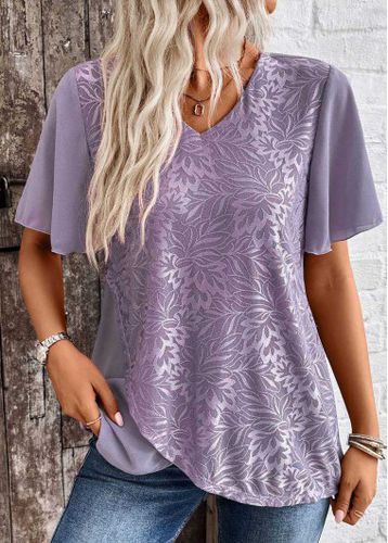 Dusty Purple Cross Hem Short Sleeve V Neck Shirt - unsigned - Modalova