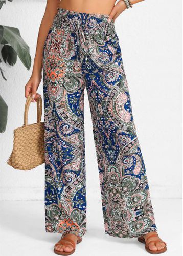 Blue Smocked Tribal Print Elastic Waist High Waisted Pants - unsigned - Modalova