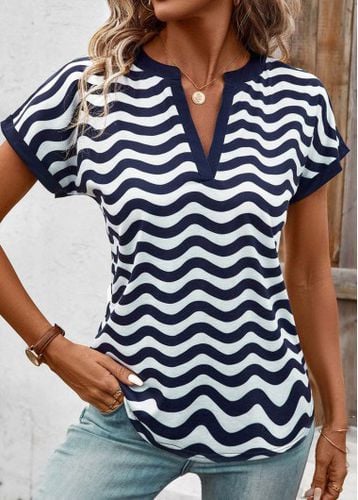 Navy Wave Pattern Print Short Sleeve T Shirt - unsigned - Modalova