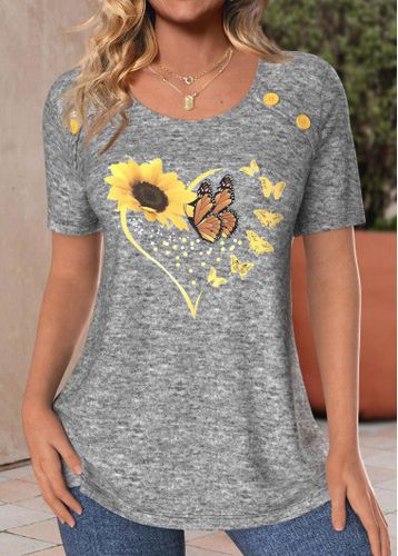 Light Grey Marl Button Sunflower Print T Shirt - unsigned - Modalova