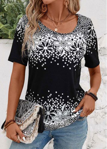 Black Floral Print Short Sleeve Asymmetrical Neck T Shirt - unsigned - Modalova