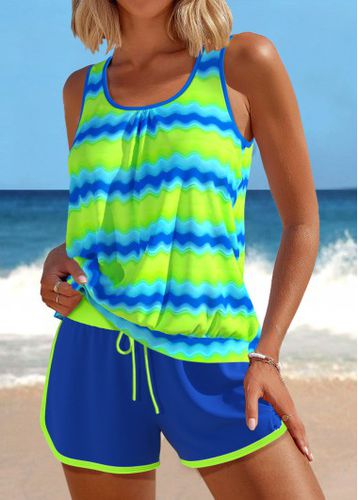 Patchwork Wave Pattern Print Neon Green Tankini Set - unsigned - Modalova