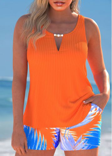 Cut Out Tropical Plants Print Orange Tankini Set - unsigned - Modalova