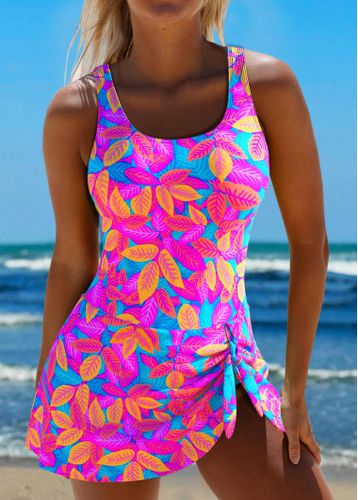 Asymmetry Leaf Print Hot Pink One Piece Swimdress - unsigned - Modalova