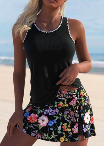 Cut Out Ditsy Floral Print Black Tankini Set - unsigned - Modalova