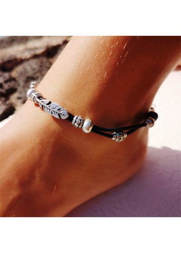 Black Alloy Layered Beaded Feather Anklet - unsigned - Modalova