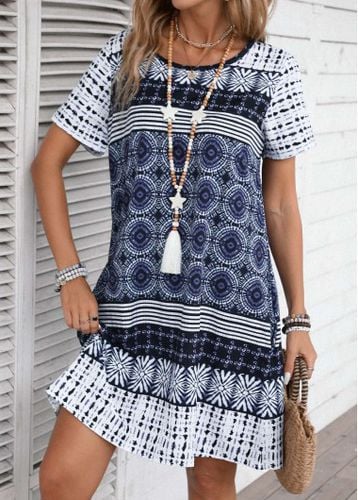 Blue Tribal Print A Line Short Sleeve Dress - unsigned - Modalova