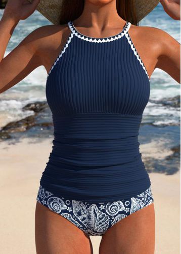 Contrast Binding Marine Life Print Navy Tankini Set - unsigned - Modalova