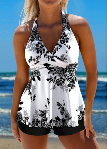 Criss Cross Floral Print White Tankini Top - unsigned - Modalova