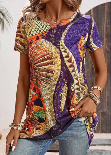 Multi Color Lightweight Tribal Print Short Sleeve T Shirt - unsigned - Modalova