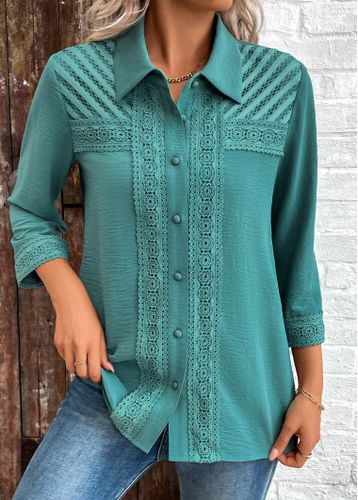 Turquoise Button Patchwork 3/4 Sleeve Shirt - unsigned - Modalova