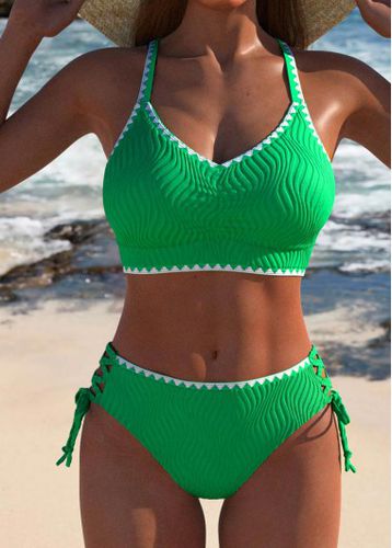 Contrast Binding Green Lace Up Bikini Set - unsigned - Modalova