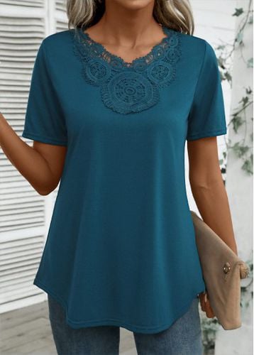 Peacock Blue Embroidery Short Sleeve V Neck T Shirt - unsigned - Modalova