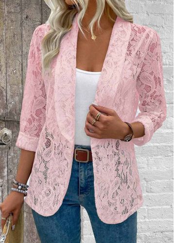 Pink Lace Long Sleeve Lapel Cardigan - unsigned - Modalova