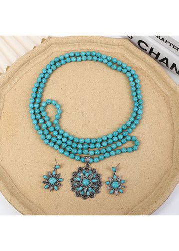 Turquoise Metal Floral Beaded Earrings and Necklace - unsigned - Modalova