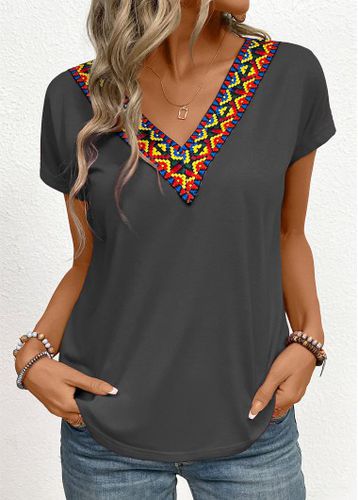 Dark Grey Patchwork Tribal Print Short Sleeve T Shirt - unsigned - Modalova