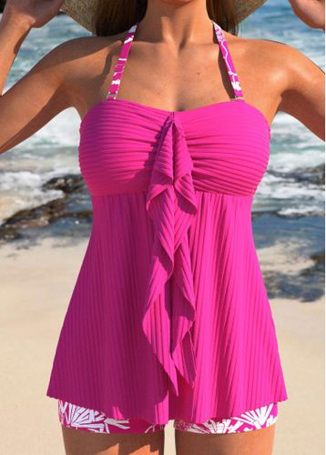 Ruffle Tropical Plants Print Hot Pink Tankini Set - unsigned - Modalova