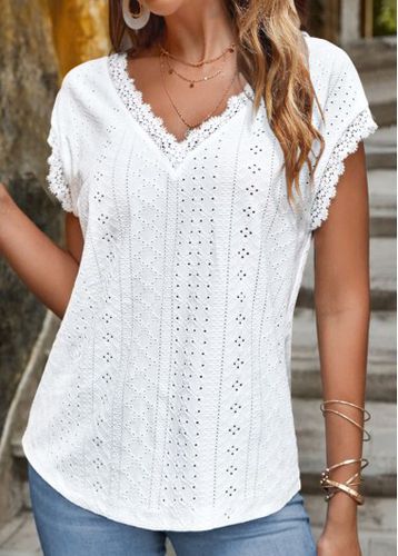 White Lace Short Sleeve V Neck T Shirt - unsigned - Modalova