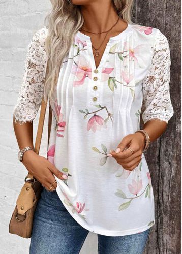 White Tuck Stitch Floral Print Half Sleeve T Shirt - unsigned - Modalova