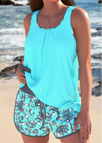 Bowknot Tropical Plants Print Cyan Tankini Set - unsigned - Modalova