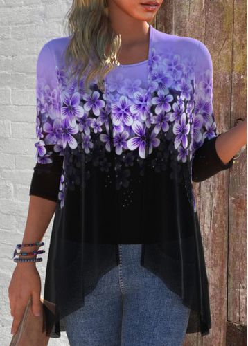 Purple Floral Print Cardigan and Tank Top - unsigned - Modalova