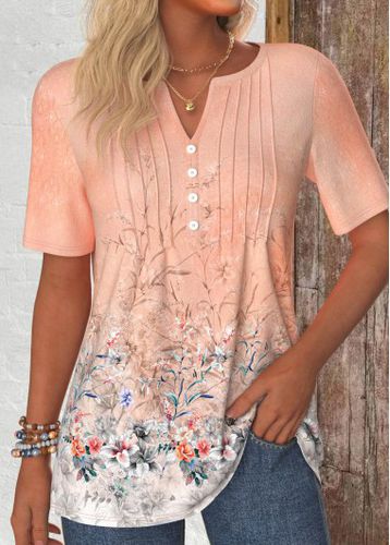 Dusty Pink Button Floral Print Short Sleeve T Shirt - unsigned - Modalova