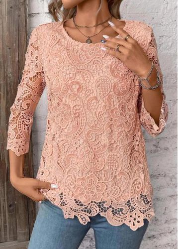 Light Pink Lace 3/4 Sleeve Round Neck T Shirt - unsigned - Modalova